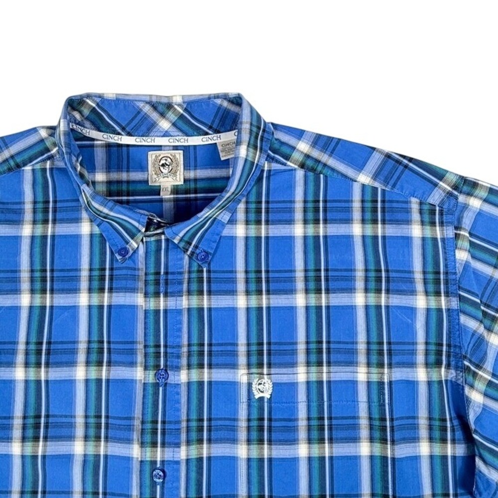 Cinch Short‎ Sleeve Button Down Shirt Blue Green Plaid Cotton Mens XXL
